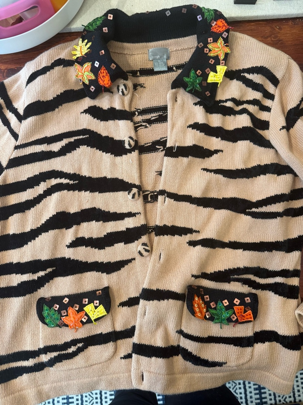 Vintage Berek zebra print fall beaded cardigan XL